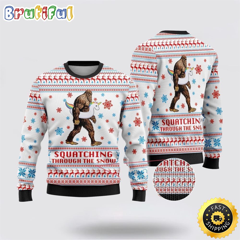 Bigfoot Unicorn Squatching Through The Snow Ugly Christmas Sweater