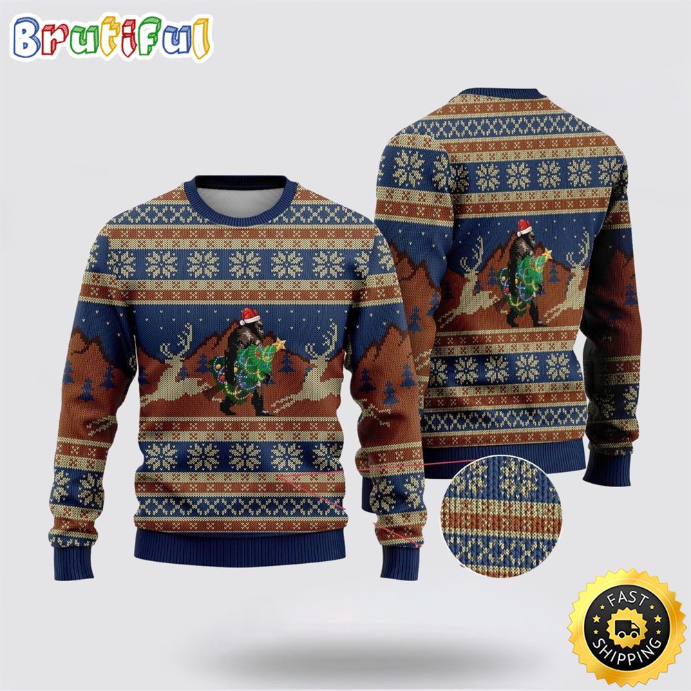 Bigfoot Wearing Christmas Hats Ugly Christmas Sweater