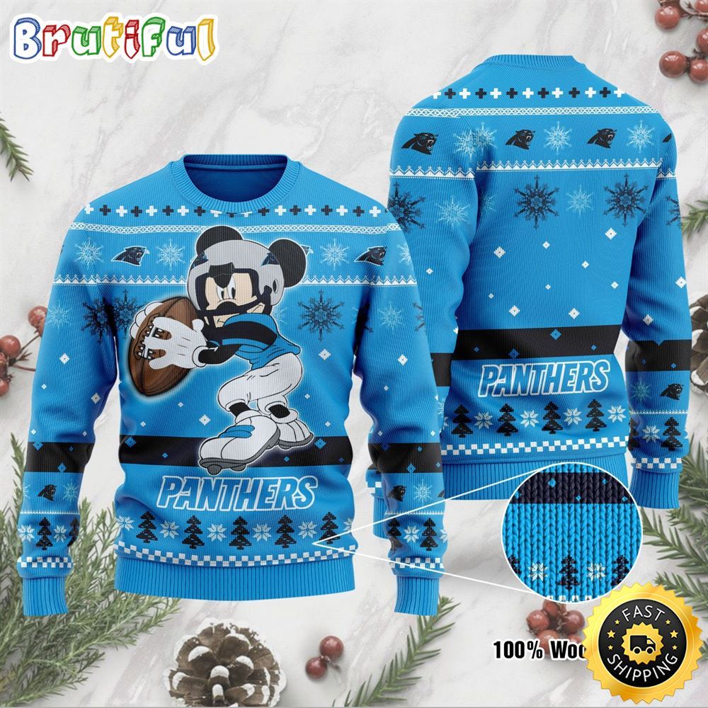 Carolina Panthers Ugly Christmas Sweater Mickey Mouse The Decisive Throw Unisex Sweater
