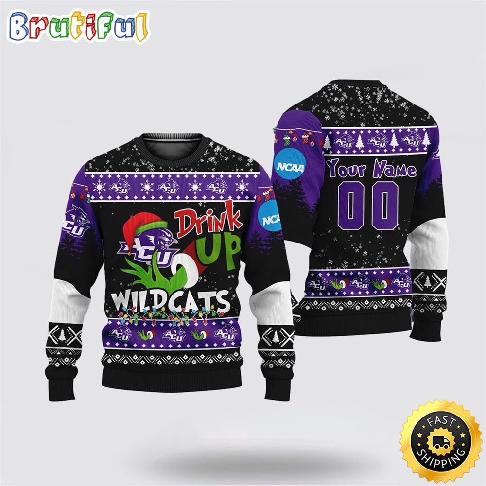 Custom NCAA Abilene Christian Wildcats Ugly Christmas Sweater Grinch Drink Up Christmas Gift For Football Fans
