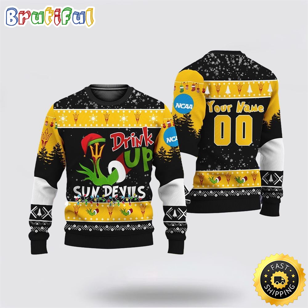 Custom NCAA Arizona State Sun Devils Ugly Christmas Sweater Grinch Drink Up Christmas Gift For Football Fans