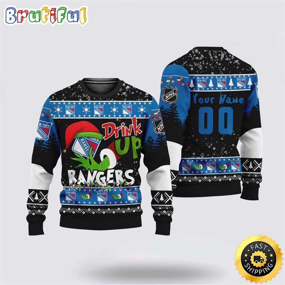 Custom NHL New York Rangers Ugly Christmas Sweater Grinch Drink Up Christmas Gift For Football Fans