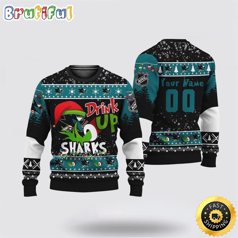 Custom NHL San Jose Sharks Ugly Christmas Sweater Grinch Drink Up Christmas Gift For Football Fans