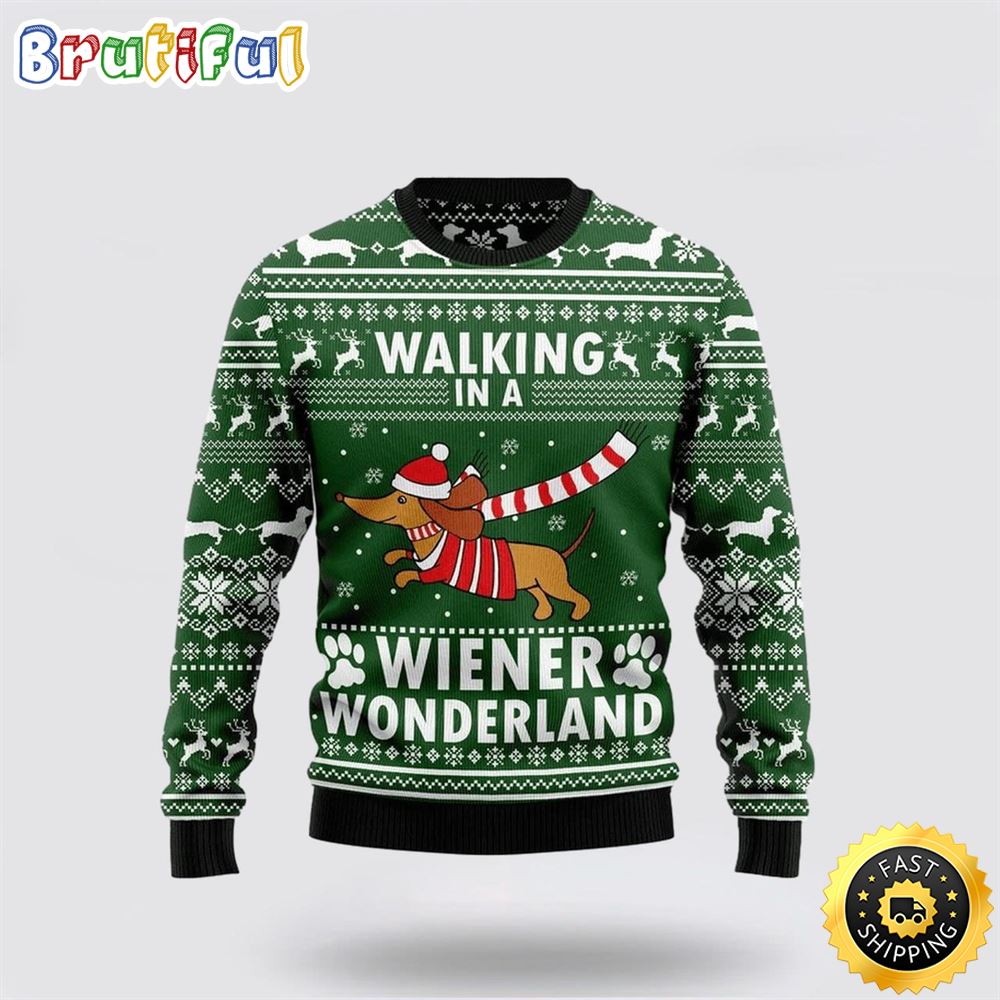Dog Lover Walking In A Wiener Wonderland Funny Ugly Christmas Sweater Show Your Love For Your Furry Friend