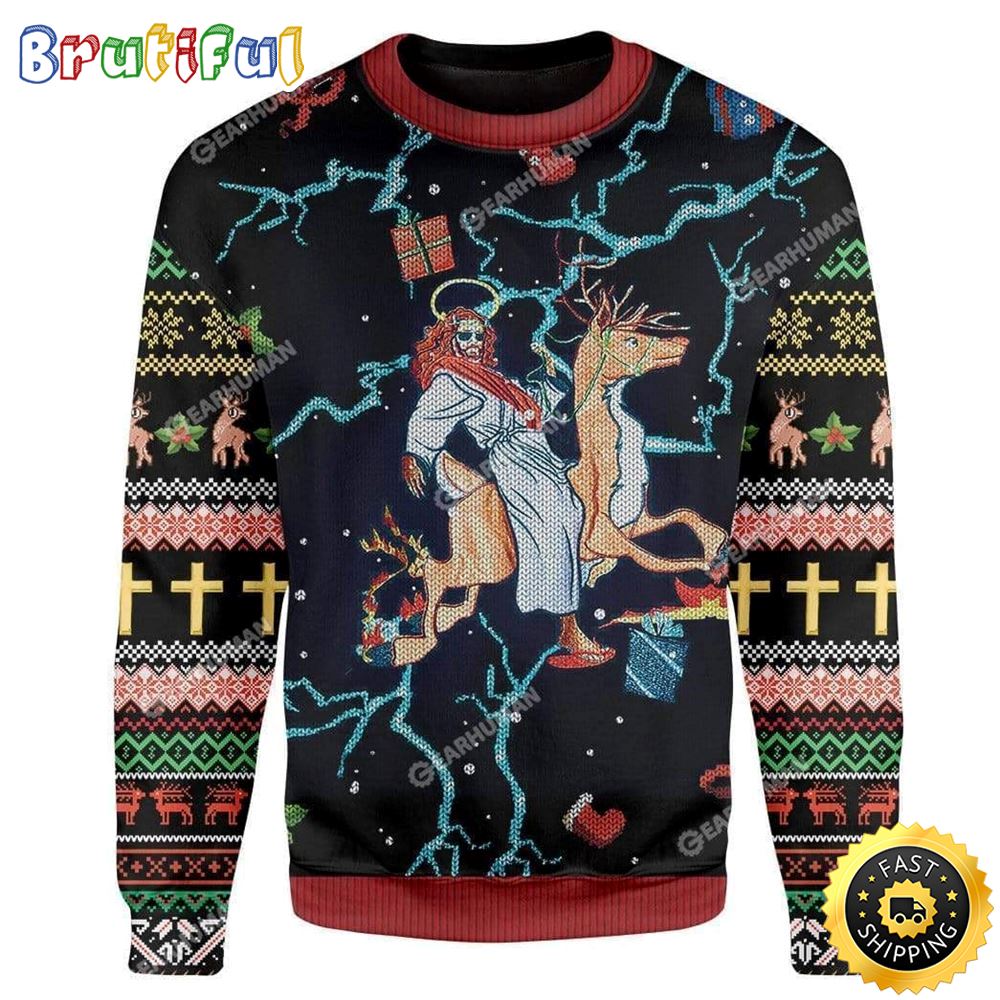 Jesus Riding Reindeer Black Christmas Ugly Christmas Sweater Gifts For Christian Families