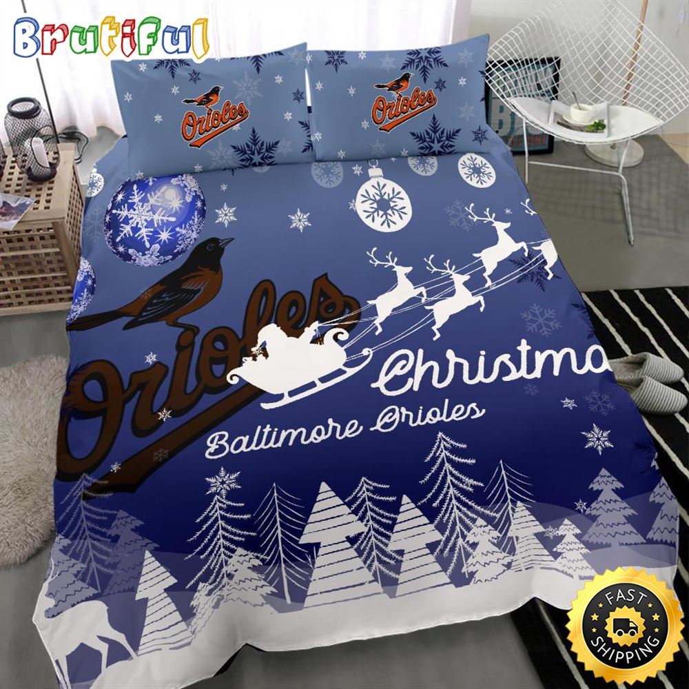 MLB Baltimore Orioles Bedding Sets Santa Claus Sleigh And Reindeer Christmas Bedding Sets Quilt Bedding Sets