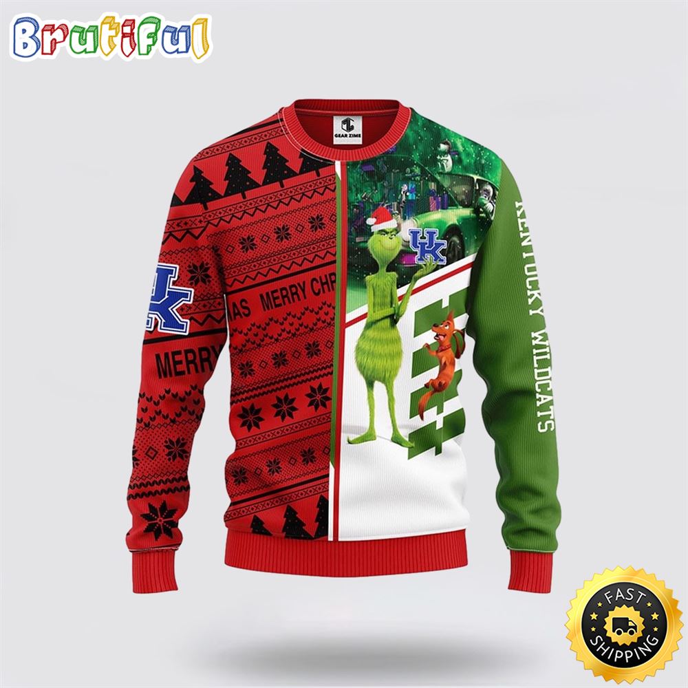 NCAA Kentucky Wildcats Christmas Ugly Sweater Grinch And Scooby-Doo Gift For Football Fans