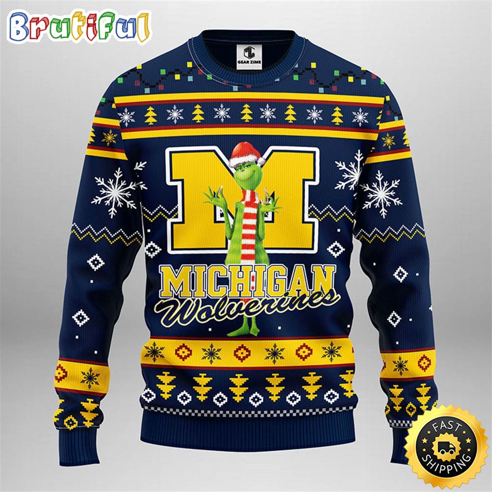 NCAA Michigan Wolverines Christmas Ugly Sweater Print Funny Grinch Gift For Football Fans