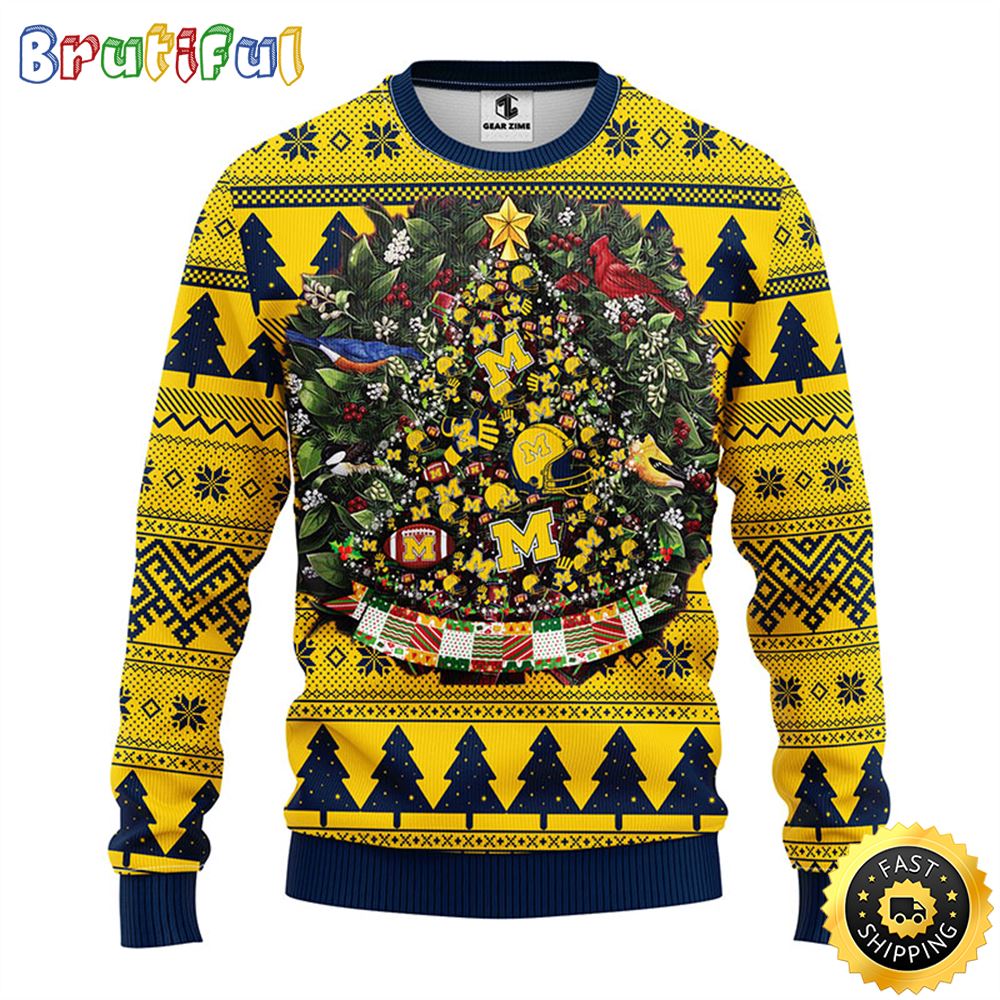NCAA Michigan Wolverines Ugly Christmas Sweater Ball Pine Tree Christmas Unisex Sweater
