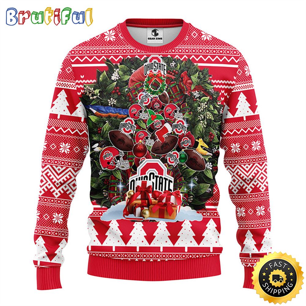 NCAA Ohio State Buckeyes Ugly Christmas Sweater Ball Pine Tree Christmas Unisex Sweater
