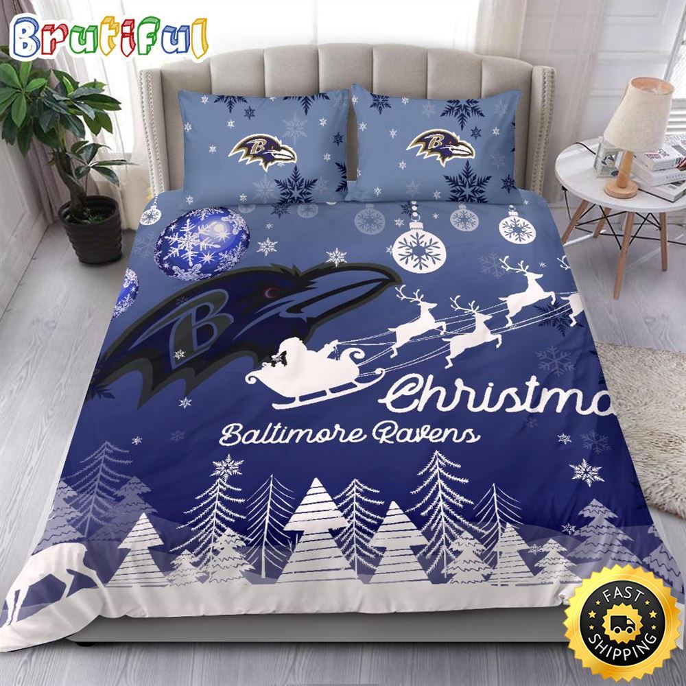 NFL Baltimore Ravens Bedding Sets Santa Claus Sleigh And Reindeer Christmas Bedding Sets Quilt Bedding Sets