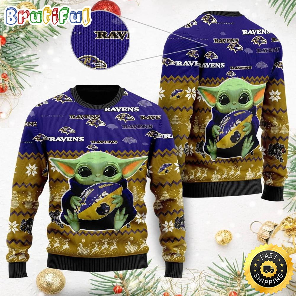 NFL Baltimore Ravens Ugly Christmas Sweater Baby Yoda Print Shirts