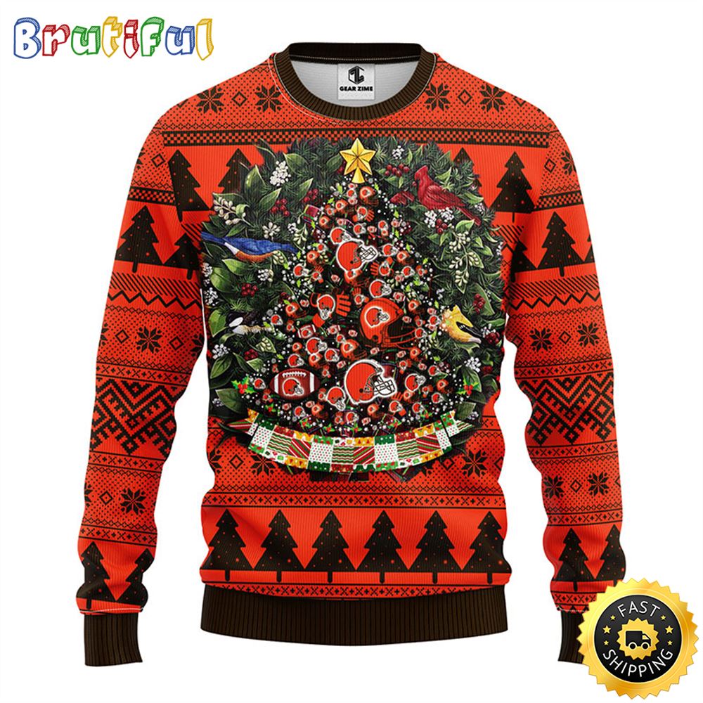 NFL Cleveland Browns Ugly Christmas Sweater Ball Pine Tree Christmas Unisex Sweater