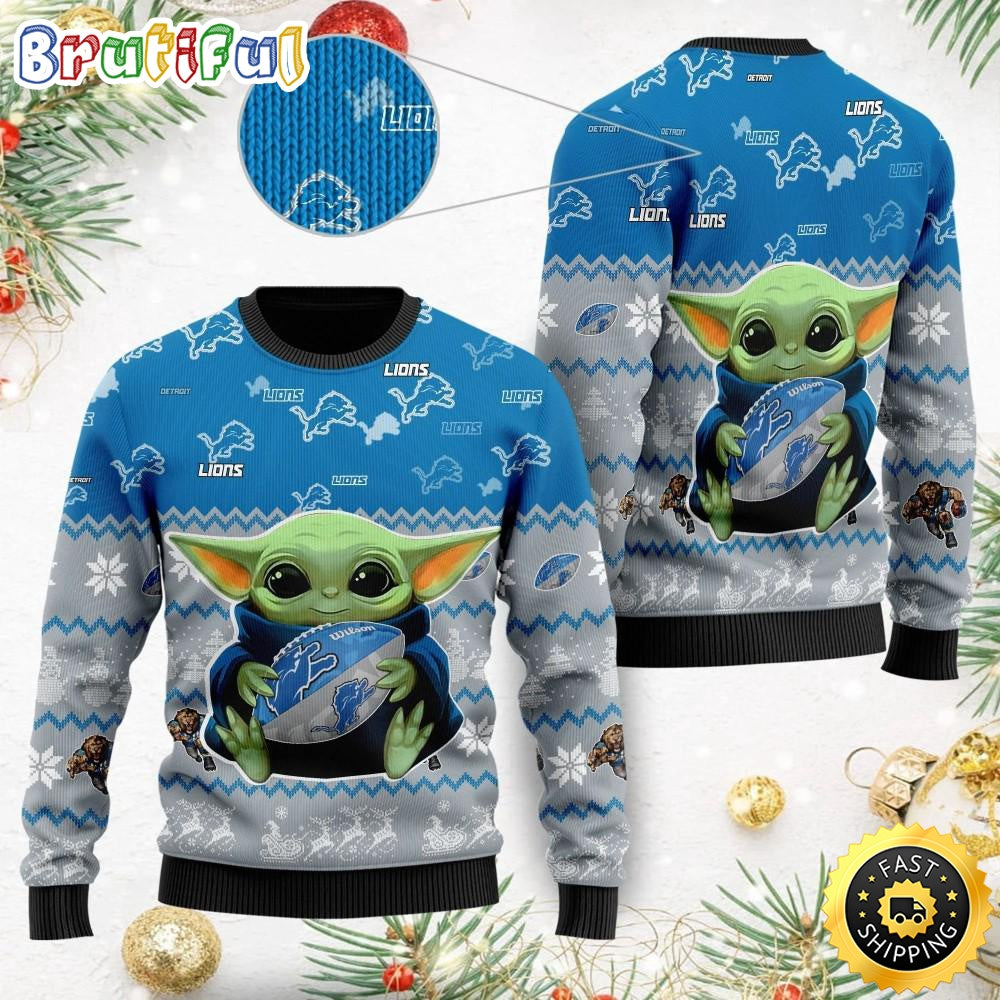NFL Detroit Lions Ugly Christmas Sweater Baby Yoda Print Shirts
