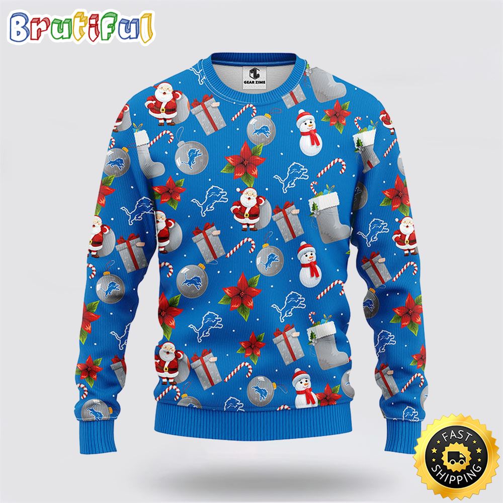 NFL Detroit Lions Ugly Sweater Santa Claus Snowman Ugly Christmas Sweater
