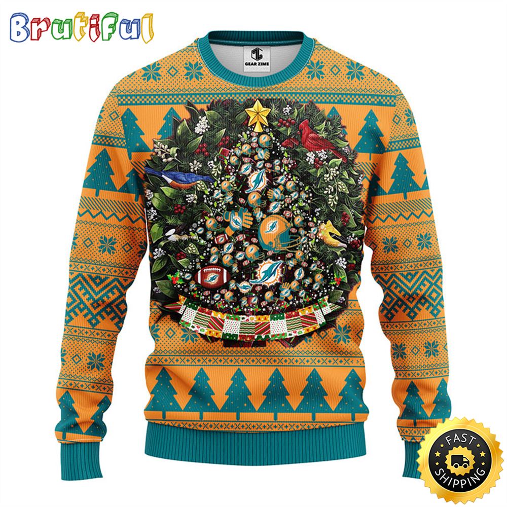 NFL Miami Dolphins Ugly Christmas Sweater Ball Pine Tree Christmas Unisex Sweater