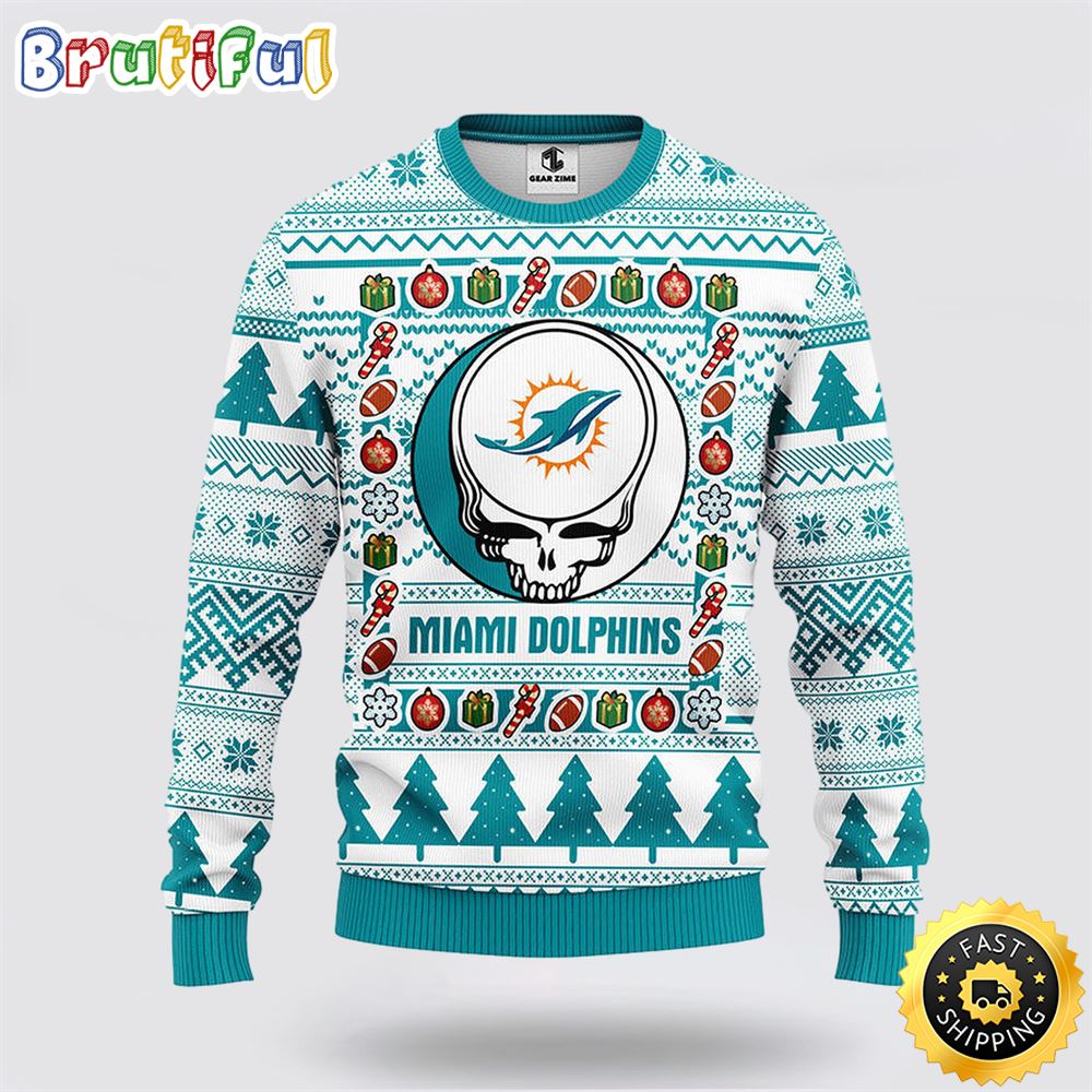 NFL Miami Dolphins Ugly Sweater Grateful Dead Ugly Christmas Fleece Sweater