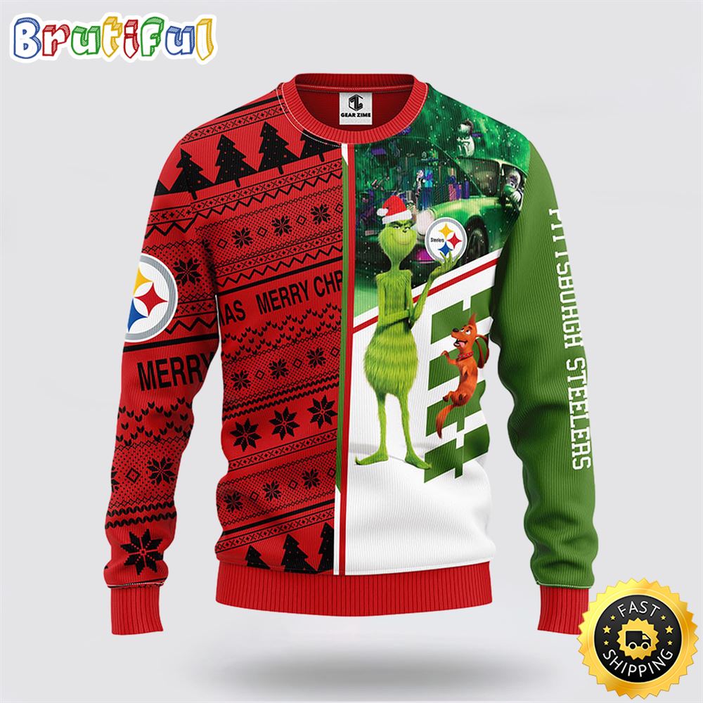 NFL Pittsburgh Steelers Ugly Sweater Grinch & Scooby-Doo Ugly Christmas Sweater