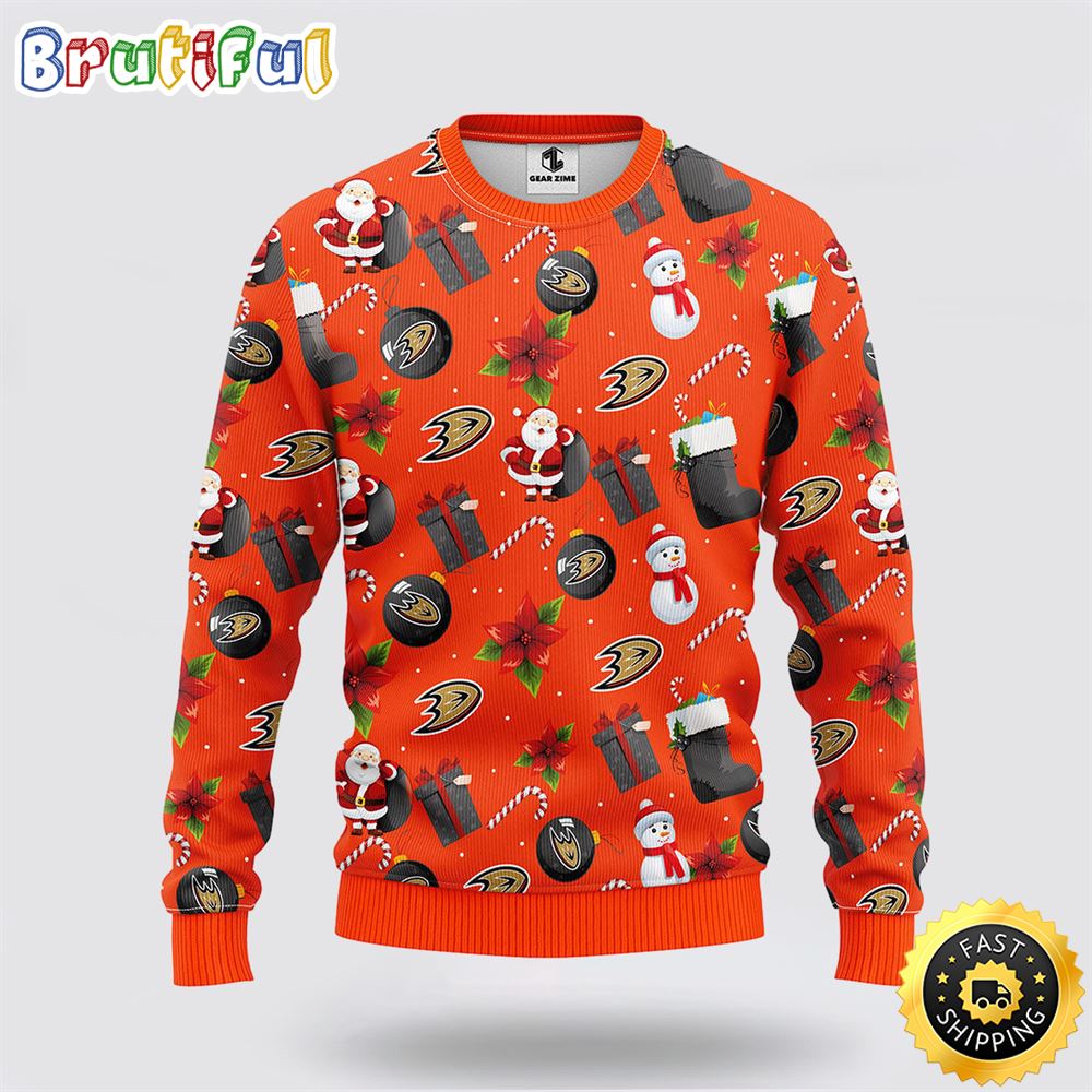 NHL Anaheim Ducks Ugly Sweater Santa Claus Snowman Ugly Christmas Sweater