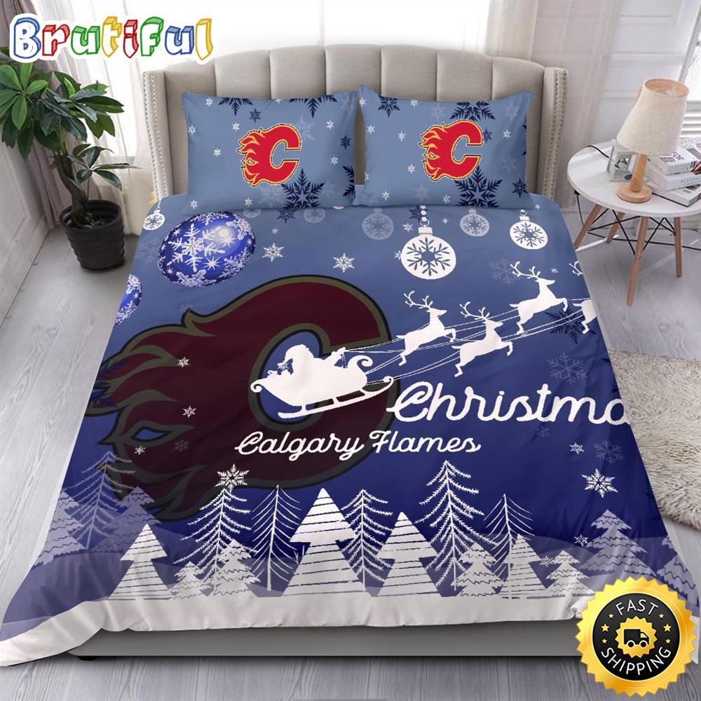 NHL Calgary Flames Bedding Sets Santa Claus Sleigh And Reindeer Christmas Bedding Sets Quilt Bedding Sets
