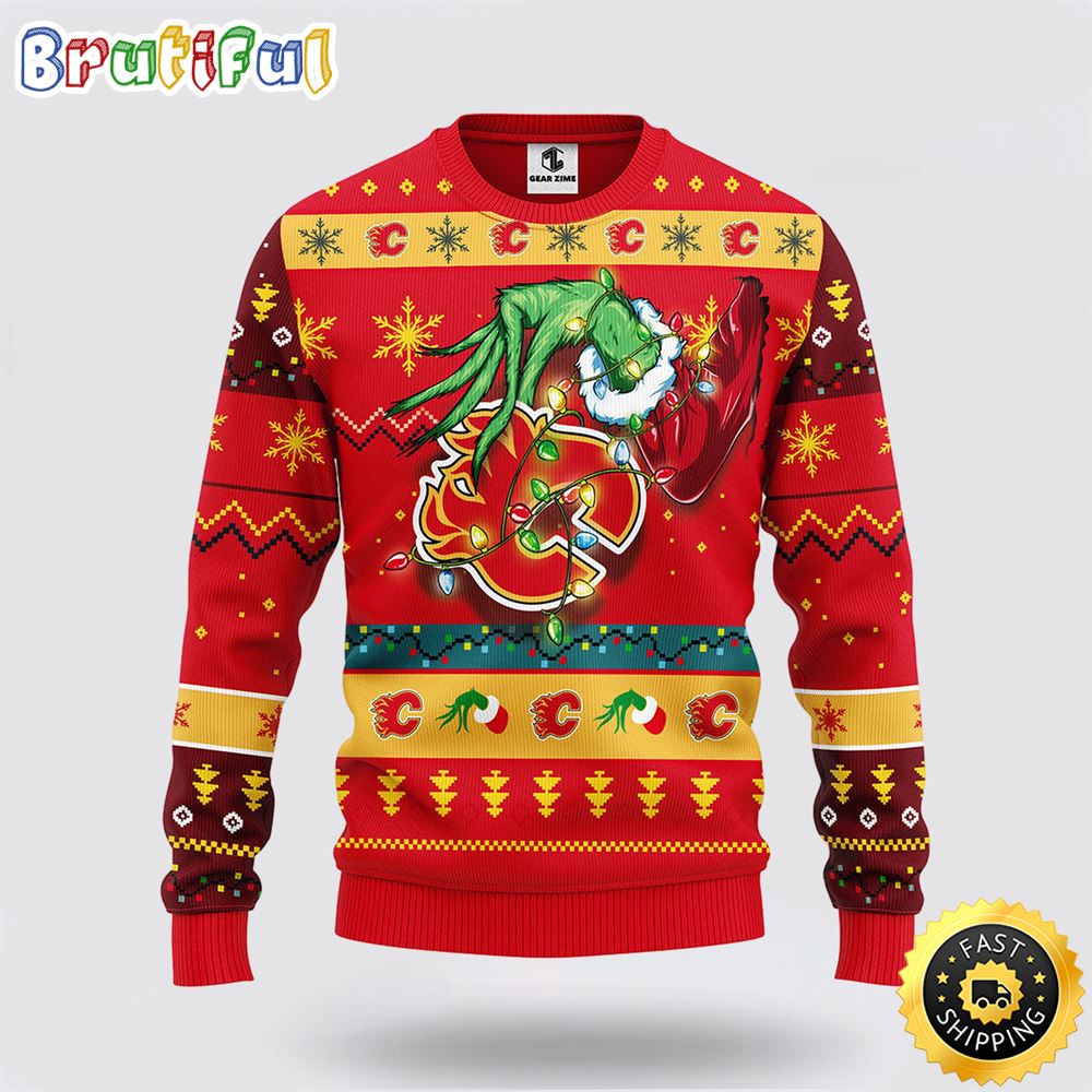 NHL Calgary Flames Ugly Sweater The Hand Of Grinch Ugly Christmas Sweater