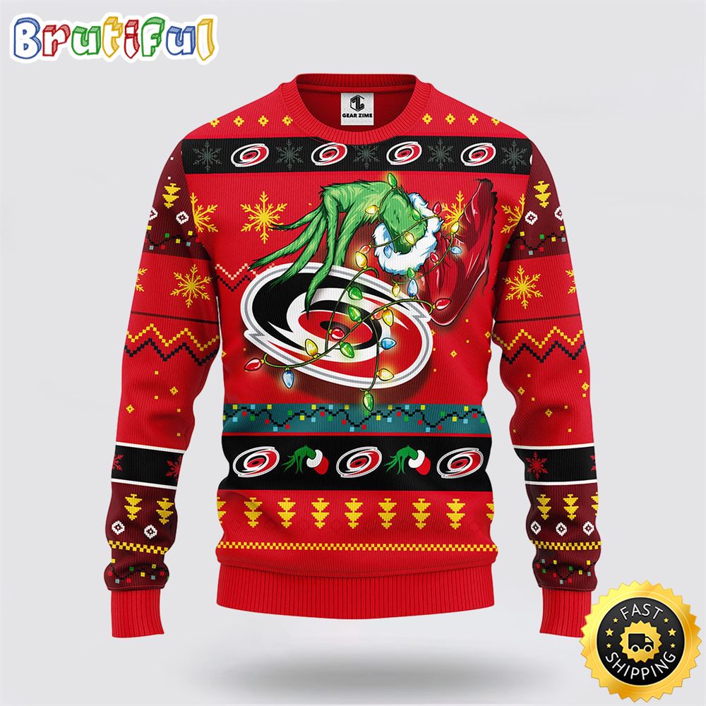 NHL Carolina Hurricanes Ugly Sweater The Hand Of Grinch Ugly Christmas Sweater