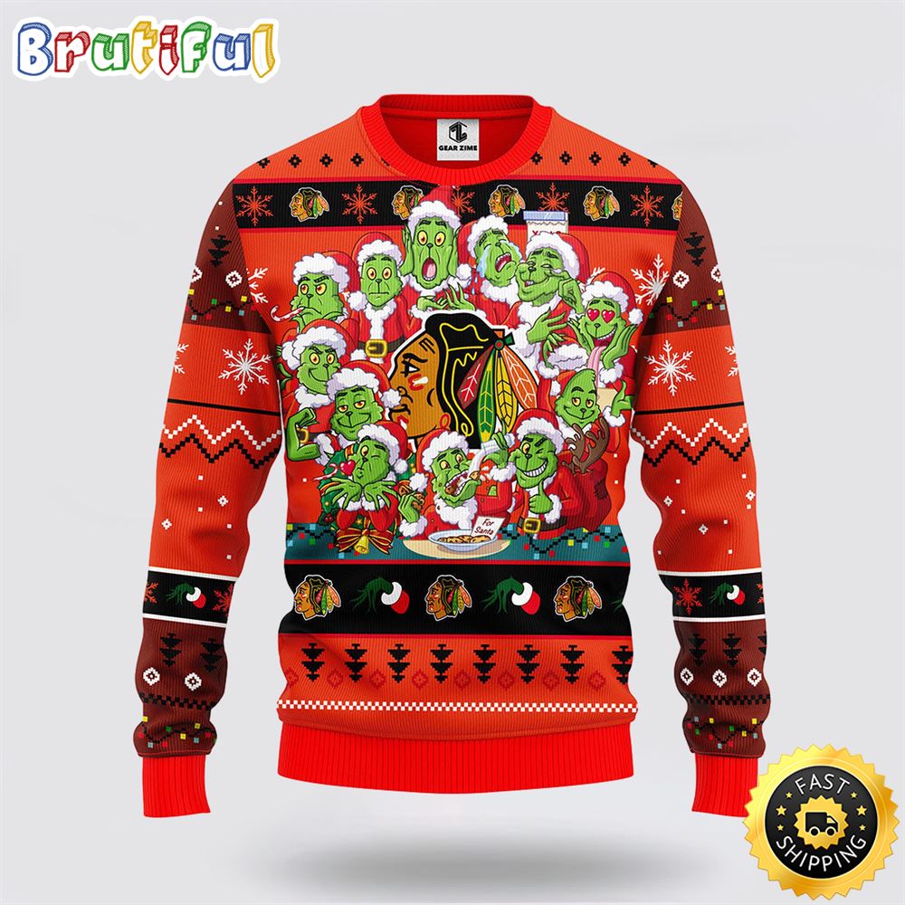 NHL Chicago Blackhawks Ugly Sweater 12 Expressions Of Grinch During The Christmas Season Sweater