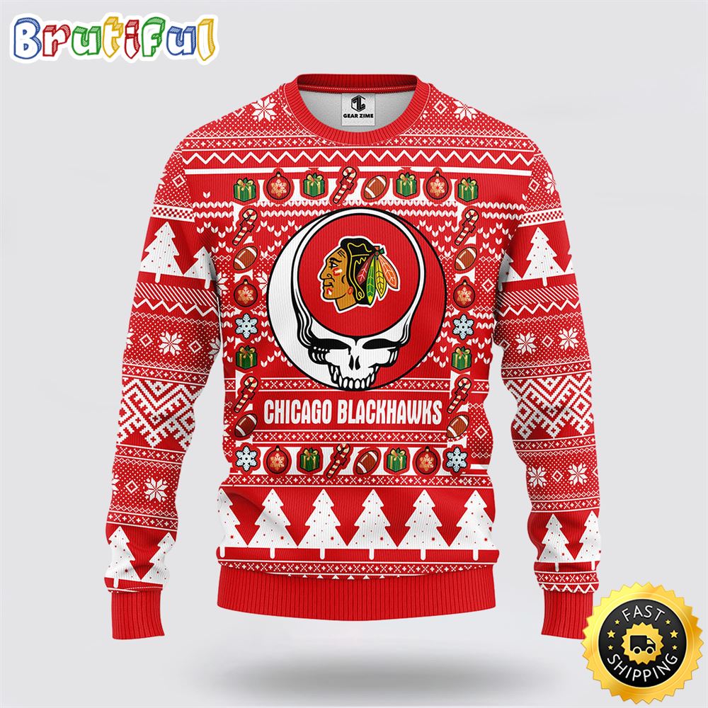 NHL Chicago Blackhawks Ugly Sweater Grateful Dead Ugly Christmas Fleece Sweater