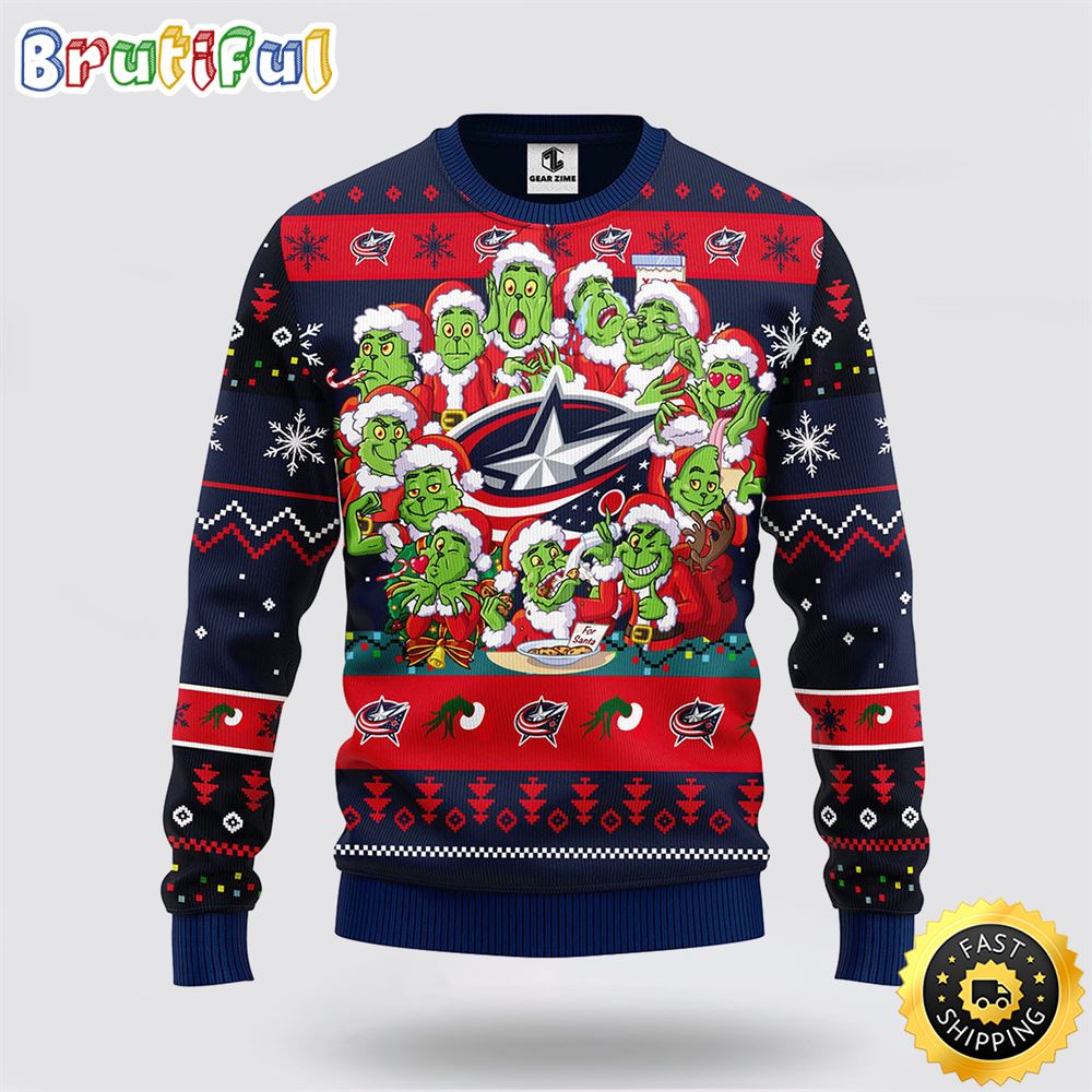 NHL Columbus Blue Jackets Ugly Sweater 12 Expressions Of Grinch During The Christmas Season Sweater