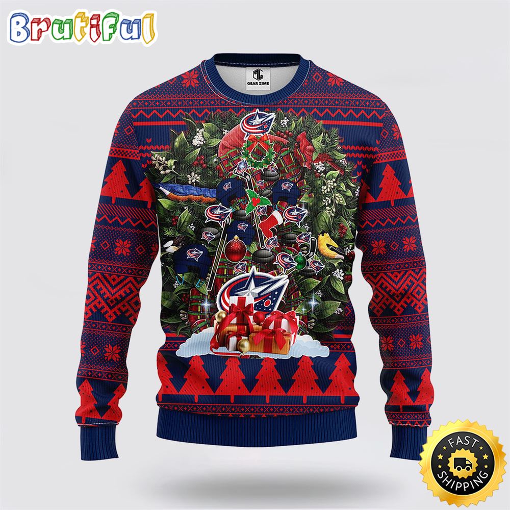 NHL Columbus Blue Jackets Ugly Sweater Tree Ugly Christmas Fleece Sweater