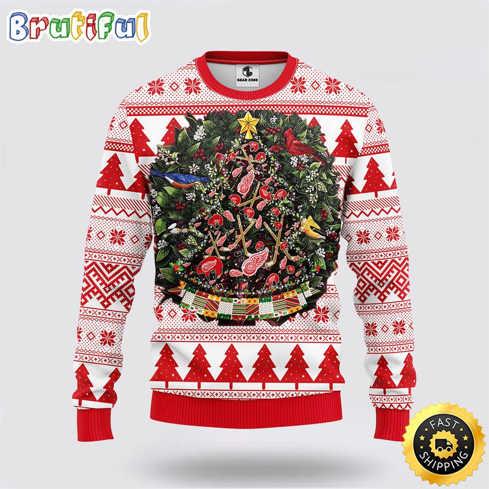 NHL Detroit Red Wings Ugly Sweater Tree Ball Ugly Christmas Sweater