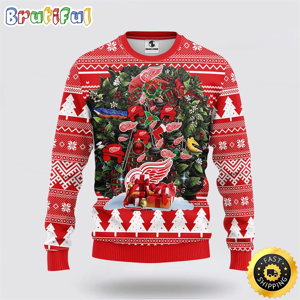NHL Detroit Red Wings Ugly Sweater Tree Ugly Christmas Fleece Sweater