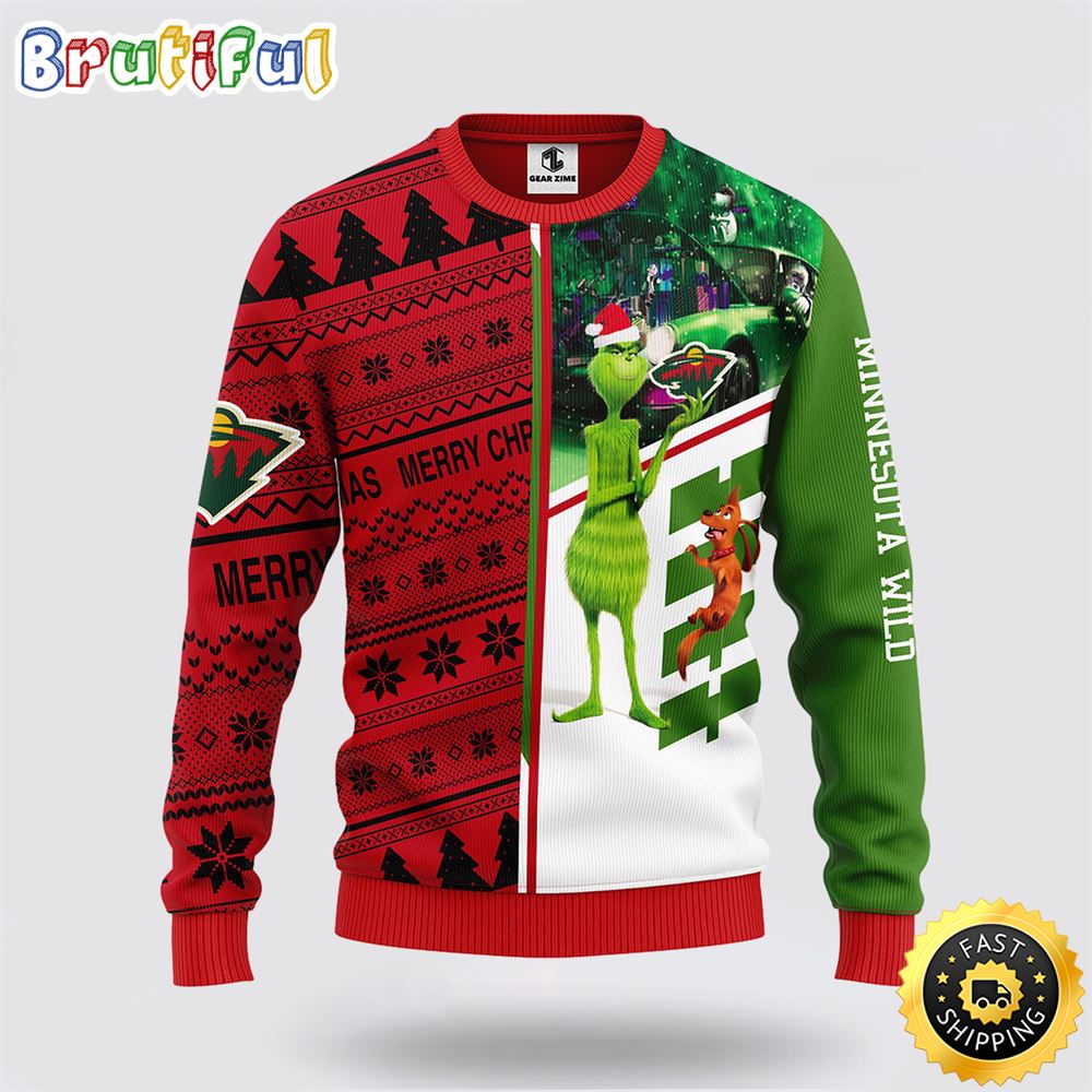 NHL Minnesota Wild Ugly Sweater Grinch And Scooby-doo Ugly Christmas Sweater