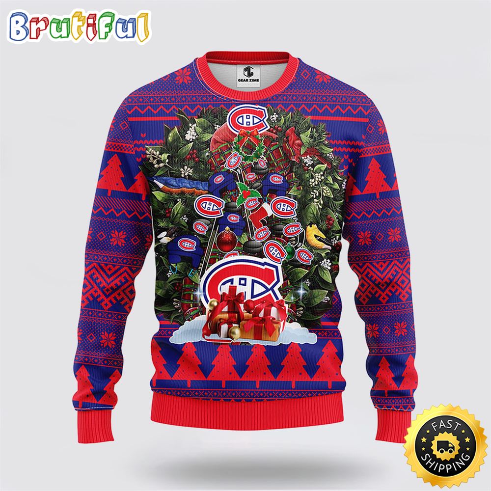 NHL Montreal Canadians Ugly Sweater Tree Ugly Christmas Fleece Sweater