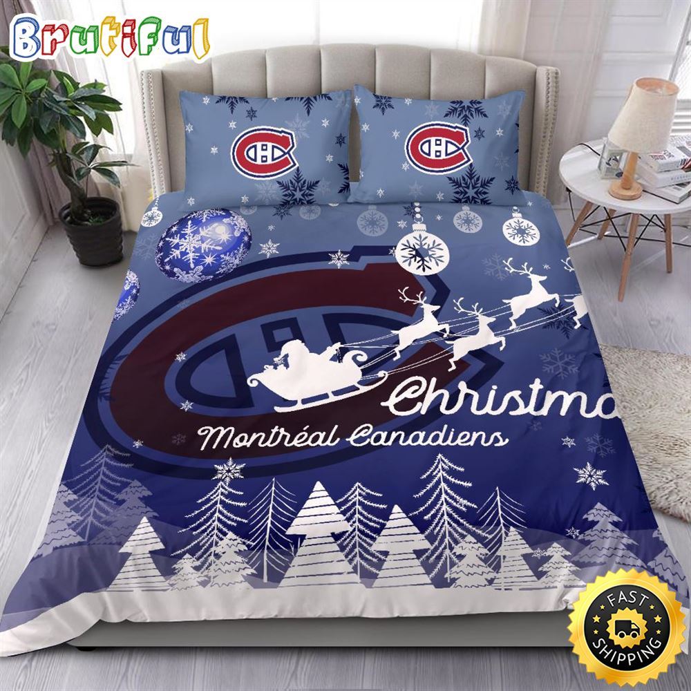 NHL Montreal Canadiens Bedding Sets Santa Claus Sleigh And Reindeer Christmas Bedding Sets Quilt Bedding Sets