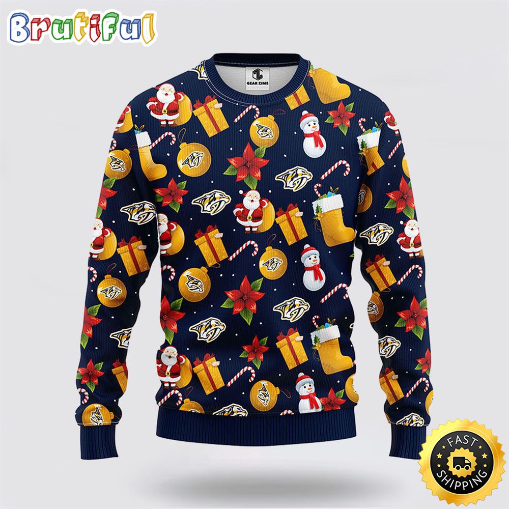 NHL Nashville Predators Ugly Sweater Santa Claus Snowman Ugly Christmas Sweater