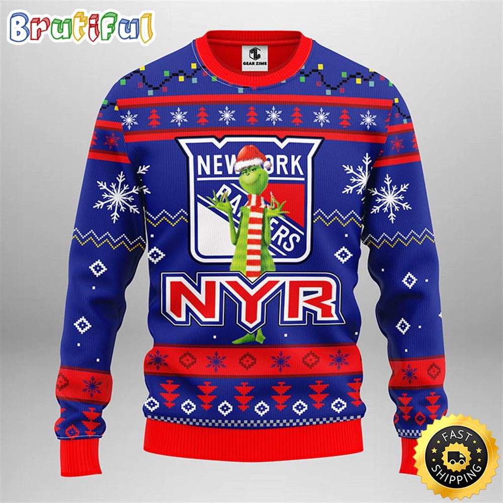 NHL New York Rangers Christmas Ugly Sweater Print Funny Grinch Gift For Hockey Fans