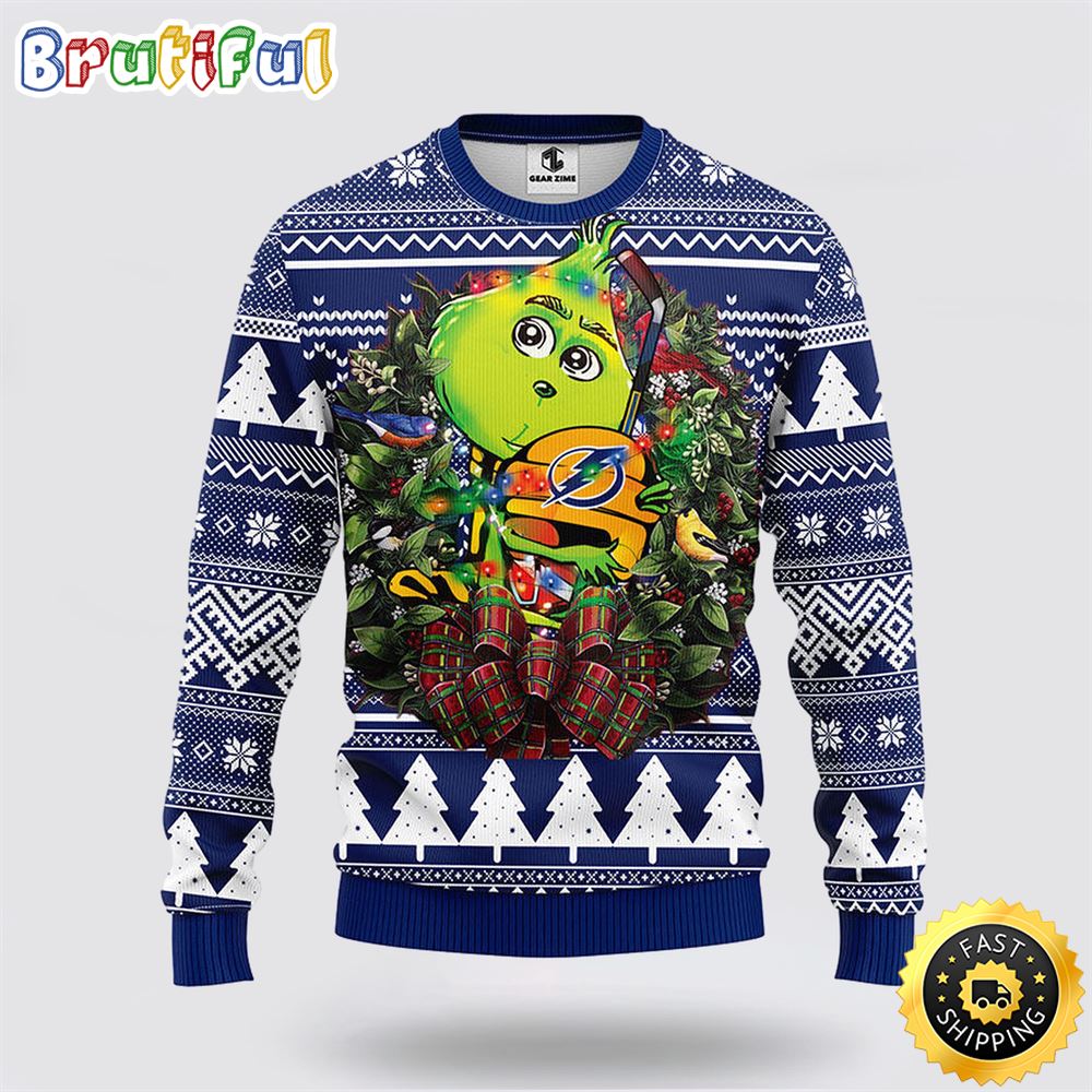 NHL Tampa Bay Lightning Ugly Sweater Grinch Hug Ugly Christmas Sweater
