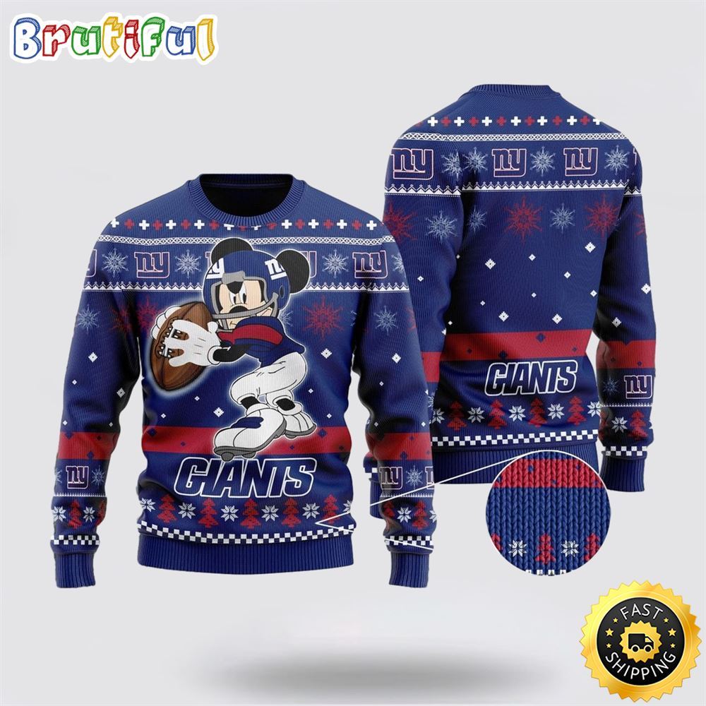 New York Giants Ugly Christmas Sweater Mickey Mouse The Decisive Throw Unisex Sweater