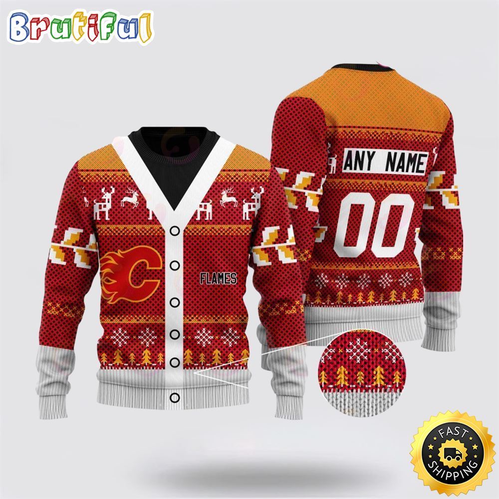 Personalized NHL Calgary Flames Elk Pattern Ugly Christmas Sweater Perfect Gift For Football Fans