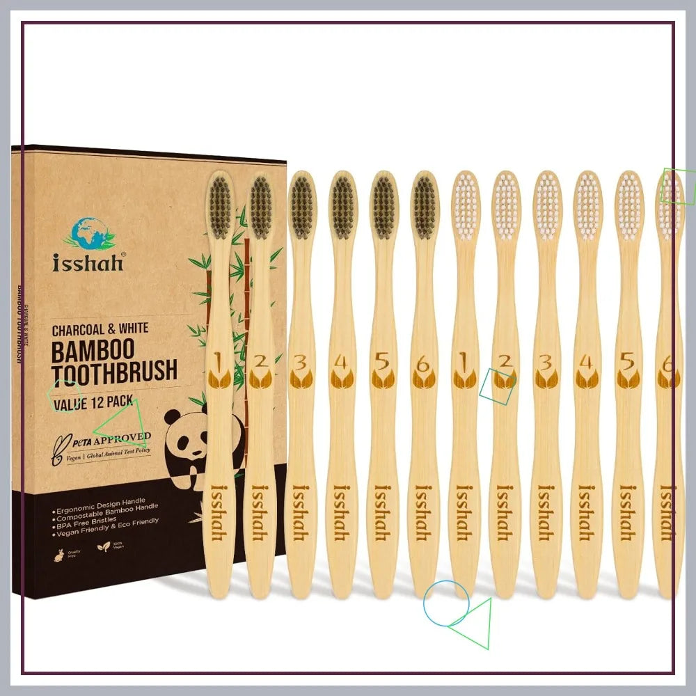 Eco-Friendly Natural Bamboo Charcoal Toothbrushes, FSC Certified & PETA Approved - 12 Pack