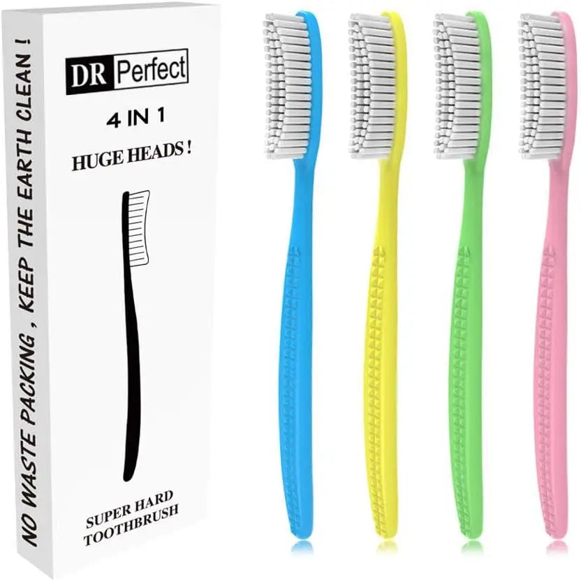 Extra Hard Firm Toothbrush Large Long Head Whitening Teeth Pack of 4 for Adults