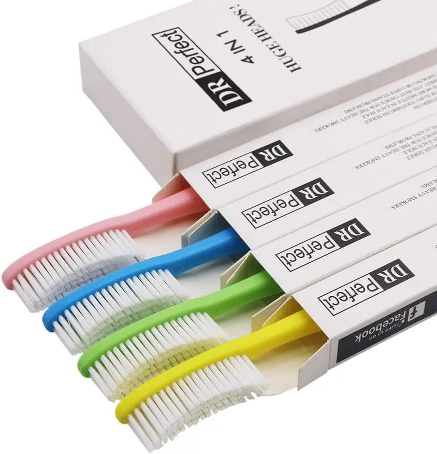 Extra Hard Firm Toothbrush Large Long Head Whitening Teeth Pack of 4 for Adults
