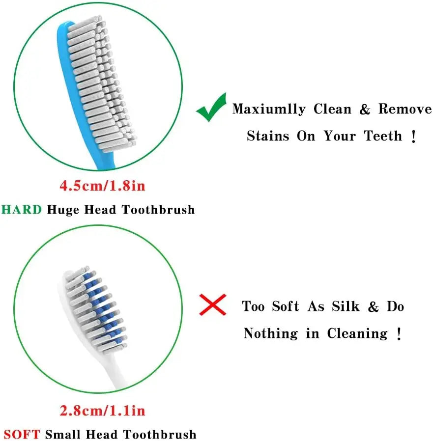 Extra Hard Firm Toothbrush Large Long Head Whitening Teeth Pack of 4 for Adults